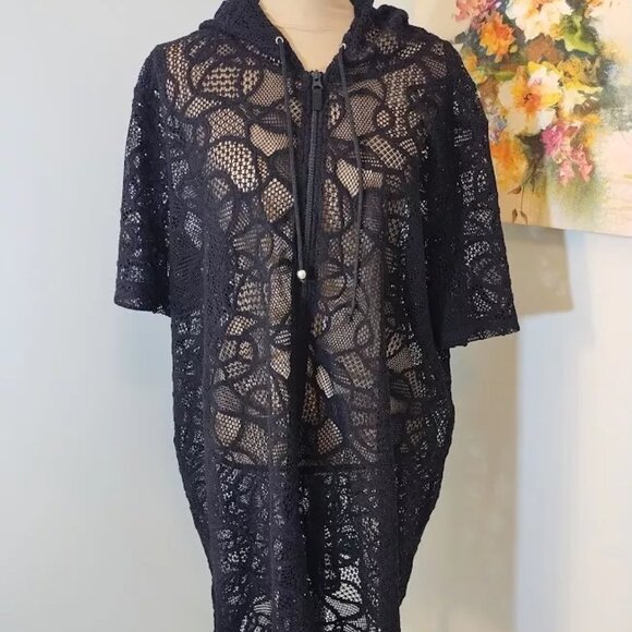 Catherine’s Black Beach Swimsuit Cover Up Sheer 2x 22/24w Zip Up Hooded Womens - Picture 1 of 10